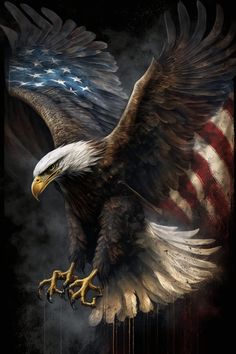 an eagle with the american flag painted on it's chest and wings is flying in the air