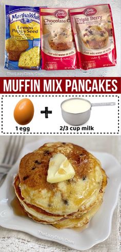 the ingredients to make muffin mix pancakes are shown in this advertisement