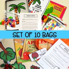 the back to school set of 10 bags is shown with text overlaying it