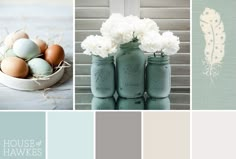 the color scheme is blue and gray with white flowers in mason jars, peonies and eggs