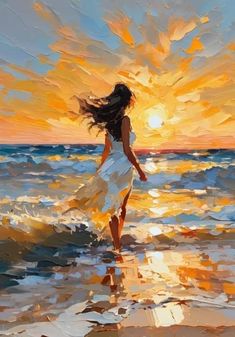 a painting of a woman walking on the beach at sunset with her hair blowing in the wind