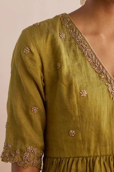 Buy Green Cotton Tissue Izhaar Sequin Flower Kurta Top Sharara Set For Women by Weaver Story Online at Aza Fashions. Top Sharara Set, Top With Sharara, Tissue Kurta, Chudidhar Designs, Chiffon Blouses Designs, Kurta Top, Sequin Flower, Lehnga Dress