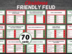 christmas friendly food cards with the words,'70 cards'in red and green