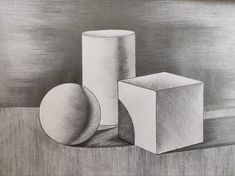 a pencil drawing of three different shapes and sizes on a table top with a gray background