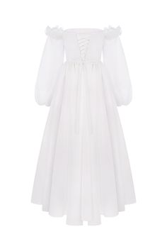 a white dress with long sleeves and laces on the shoulders, in front of a white background