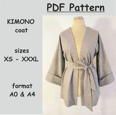 "PDF Digital Sewing Pattern  Purchase Includes: - pattern sizes XS-XXXL - print format A0 and A4 - template gluing scheme in A4 format - diagram of the arrangement of the template  on the fabric  7 Sizes Included: (XS - XXL) EU 34 - 46 *All dimensions are in centimeters ! This pattern is for personal use only. Not to be used for commercial purposes. Thank you for respecting the rights of the designer. Detailed instructions are not included. If you have any questions, please feel free to reach out to me over Etsy and I will be sure to clear up your confusion. Required materials: - 87\" (2.20 m) of at least 56\" (1.45 m) Wide Fabric Suggested Fabric: You can use many types of fabrics, linen, cotton, silk, chiffon, viscose, coat fabrics, thick and thin fabrics...what you want :) Printing: The Coat Patterns Sewing Women Free, Patron Kimono, Kimono Pattern Free, Kimono Jacket Pattern, Womens Blouse Pattern, Kimono Sewing Pattern, Kimono Sewing, Womens Oversized Sweatshirts, Kimono Style Dress