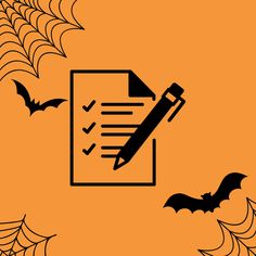 an orange background with bats and a pen on top of a sheet of paper that has been placed in front of it