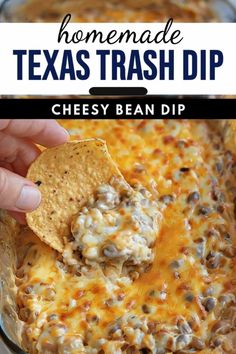 a hand dipping a tortilla chip into a cheesy bean dip