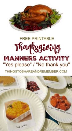 thanksgiving dinner with turkeys and other foods on paper plates that say, free printable thanksgiving