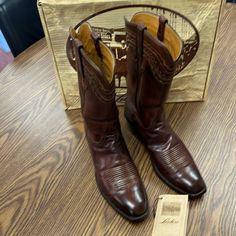 These Boots Are In Like New Condition. Only Worn A Few Times And Recently Shinned Up Professionally. They Are Size 11 C And Come In Original Box And Packaging. I Am Only Selling As I Cannot Wear Any Longer. Brown Closed Toe Boots For Galas, Western Boots With Heel Tab And Round Toe, Vintage Calf Leather Boots With Snip Toe, Snip Toe Boots With Reinforced Heel For Galas, Western Boots With Leather Sole For Formal Occasions, Elegant Leather Boots For Western-themed Events, Classic Closed Toe Boots With Heel Pull Tab, Western Style Boots For Formal Occasions, Western Style Medium Width Boots For Formal Occasion