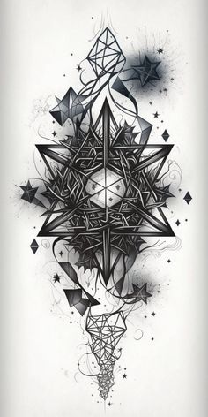 a black and white drawing of an abstract star with stars on it's side