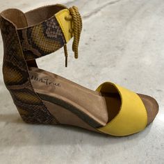 Smart And Comfortable 3.5” Wedge And .5” Platform Leather Sandal With A Halo Tie Up Ankle Strap Made By Diba True. Adjustable Wrapped Heel Wedge Sandals, Yellow Leather Platform Wedge Sandals, Adjustable Synthetic Wedge Heel Sandals, Yellow Wedge Heel Sandals With Heel Strap, Yellow Leather Wedge Heel Sandals, Yellow Leather Wedge Sandals, Yellow Leather Closed Toe Wedge Sandals, Adjustable Leather Slingback Wedge Sandals, Adjustable Wedge Heels With Wrapped Heel