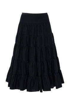 The Devotion Twins Eliana Skirt 024.317G | Black is the perfect combination of playful and timeless. With its ruffles and staple elements, it's the perfect piece to add effortless style to any look. Elevate your everyday wardrobe with this eye-catching yet versatile skirt. Syle: 024.317GMade in Greece Back Model, Belted Cardigan, Black Midi Skirt, Tier Skirt, Cotton Skirt, S 10, Cardigan Coat, Everyday Wardrobe, Black Media