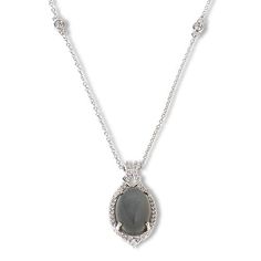 Colleen Lopez Moonstone and White Zircon Oval Pendant with Chain  Shimmering gray moonstone cradled in the subtle sparkle of white zircons make this exquisite pendant and chain an elegant match for most special-occasion fashions.        Pendant approx. 5/8"L x 3/16"W     Necklace approx. 18"L x 1/16"W      Stamped .925; rhodium plating     Lobster claw clasp     Sterling silver oval pendant with prong-set, oval  gray moonstone cabochon and round, white zircon accents on frame and split bail-front     Cable chain necklace with two white zircon accent stations on sides   Stone Information       All sizes and weights approximate     Gray Moonstone - Oval (14x10mm)     White Zircon - Round; princess-cut; 0.75ctw Elegant Cabochon Teardrop Pendant Necklace, Elegant Teardrop Pendant Cabochon Necklace, Gray Round Necklace For Formal Occasions, Elegant Moonstone Oval Pendant Jewelry, Silver Oval Pendant Necklace With Gemstone Accents, Elegant Moonstone Necklaces For Formal Occasions, Elegant Moonstone Necklace For Formal Occasions, Elegant Formal Moonstone Necklaces, Elegant Formal Moonstone Necklace