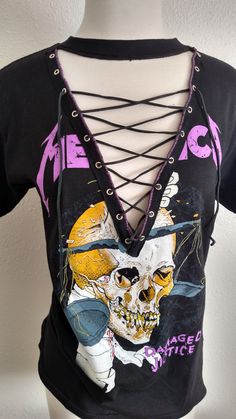 Distressed Lace Up Rock Metal Band Top T Shirt by CustomStudded Spring Grunge T-shirt For Alternative Fashion, Edgy Fitted T-shirt For Music Festival, Edgy Festival T-shirt With Crew Neck, Punk T-shirt For Spring Alternative Fashion, Punk Style T-shirt For Alternative Fashion In Spring, Punk Style T-shirt For Spring Alternative Fashion, Spring Rock Style Crew Neck T-shirt, Edgy Screen Print Tops For Music Festivals, Rock Style Festival Crew Neck Top