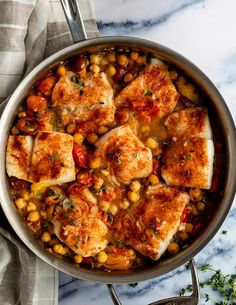 Baked Cod with Tomatoes & Chickpeas - Once Upon a Chef Baked Cod With Tomatoes, Cod With Tomatoes, Cod Baked, Pasta Fish, Chickpeas Recipe, Once Upon A Chef, Chicken Baked, Brunch Bread, Baked Cod