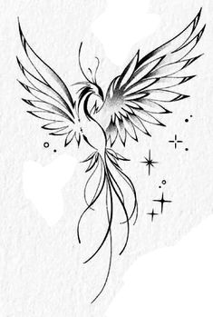 a black and white drawing of a bird with wings on it's back side