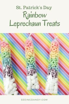 three rainbow lollipops in plastic bags with the text st patrick's day rainbow leprechaun treats