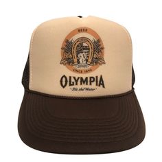 Brown Olympia Beer Trucker Hat Mesh Hat vintage snapback hat adjustable unworn Vintage style trucker hat This is a Trucker hat mesh hat, it has an adjustable snapback so it fits most people 100% Polyester Front 100% Nylon Mesh Back 5-panel cap Seamless Foam Front Panel with Lining 8 Rows Stitching on Visor Matching Fabric Under visor Adjustable Plastic Snap Hats Trendy, Snapback Hats Men, Vintage Trucker Hat, Vintage Snapback, Baseball Caps Fashion, Vintage Trucker Hats, Fall Hats, Baseball Outfit, Brown Hats