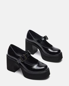 TRISH Black Patent Mary Jane Block Heel Loafer | Women's Loafers – Steve Madden Steve Madden Shoes Women, Dark Academia Shoes Women, Steve Madden Mary Janes, Black Dress Shoes For Women, Chunky Black Heels, Shoes For Women Heels, Mary Jane Platforms, Platform Shoes Black, Loafers Heels