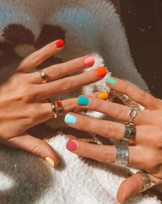 Gel Nails Ideas Different Colors, Summer Nails 2023 Multi Color, Every Finger Different Color Nails, Different Color Gel Nails, Summer Different Color Nails, Different Color Nails Summer, Half N Half Nails, Multicolor Summer Nails, Summer Skittle Nails