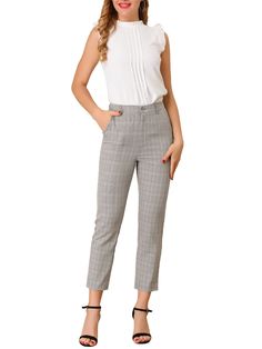 Ankle-length Work Pants With Welt Pockets For Office, Office Work Pants Ankle-length With Welt Pockets, Office Work Pants With Welt Pockets, Ankle Length, Tailored High Waist Work Pants, Tailored Bottoms For Office Wear, Spring Office Lady Bottoms For Business Casual, Spring Office Lady Workwear Bottoms, Office Work Pants With Welt Pockets, Spring Office Lady Business Casual Bottoms