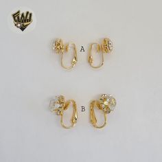 Description: -Zircon Clip Earrings. -Material: 18k Gold Overlay (BGO). -Size: Width. -A: 9mm. -B: 11.5mm. Select the Desired Style. Gold Crystal Ear Wire Earrings For Formal Occasions, Gold Crystal Earrings With Ear Wire For Formal Occasions, Gold Crystal Earrings With Ear Wire For Formal Events, Gold Diamond Earrings With Screw Back For Wedding, Gold Crystal Earrings With Lever Back For Formal Occasions, Gold Crystal Earrings With Prong Setting For Formal Occasions, Gold Crystal Earrings With Prong Setting For Formal Events, Gold Round Crystal Earrings For Anniversary, Round Prong Setting Clip-on Earrings For Wedding