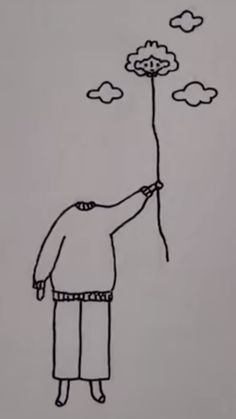 a drawing of a person reaching up to a flower on a stick with clouds in the background