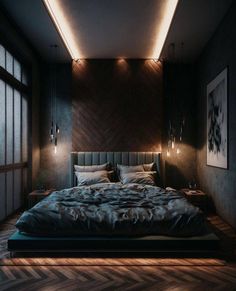 a large bed sitting in the middle of a bedroom next to two lamps on either side of it