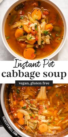 instant pot cabbage soup in a white bowl with a wooden spoon on the side and title overlay