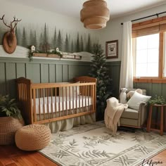 a baby's room with a crib, rocking chair and christmas tree in the corner