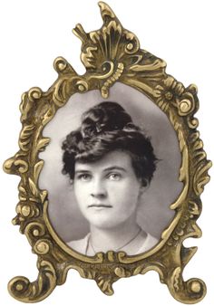 an old photo of a woman with hair in a gold frame on a white background