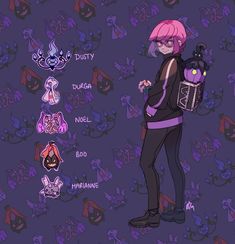 a person with pink hair standing in front of purple wallpaper and holding a black cat