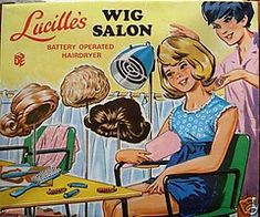 an advertisement for lucile's wig salon featuring two women sitting at a table