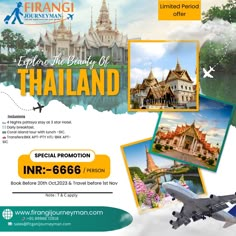 an advertisement for a travel company with images of buildings and planes in the background,