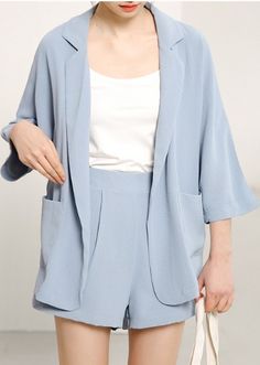 $49.90 - Beautiful blue pastel two piece formal suit blazer and shorts loose fitted. For women and ladies.