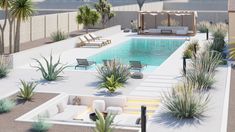 an aerial view of a pool with lounge chairs and plants