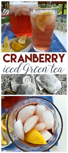 cranberry iced green tea recipe with lemons and ice in the glass pitcher