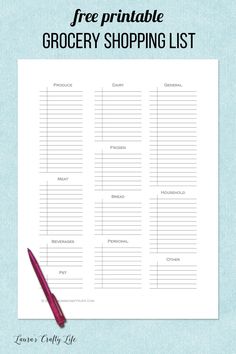 a grocery shopping list with the text free printable grocery shopping list on it and a pen