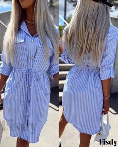 Fisdy - Stylish Striped Shirt Dress with Roll-Up Sleeves Button Up T Shirt, Long Sleeve Button Up Dress, Shirt Dress Short, Shirt Dress Long Sleeve, Oversized Striped Shirt, Button Up Shirt Dress, Shirt Dress Long, Striped Shirt Dress, Striped Long Sleeve Shirt