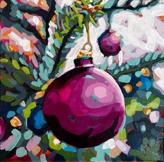 a painting of a christmas ornament hanging from a tree