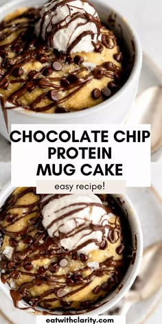 chocolate chip protein mug cake in a bowl with ice cream drizzled on top