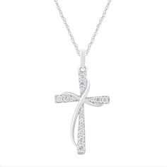 Loop Cross Pendant in 10K White Gold White Diamond Cross Necklace, White Cross Necklace With Diamond Accents, White Diamond Accents Cross Necklace As Gift, White Cross Necklace With Diamond Accents As Gift, White Cross Necklace With Diamond Accents For Gift, White Diamond Cross Necklace With Diamond Cut, White Diamond Cross Necklace With Accents, White Diamond Cross Pendant Necklace For Anniversary, White Diamond Necklace With Cross Pendant For Anniversary