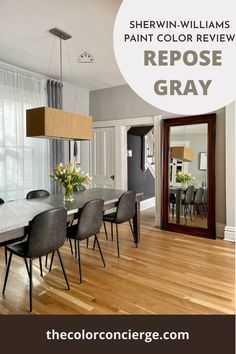 a dining room table and chairs with the text sherylin williams paint color review repose