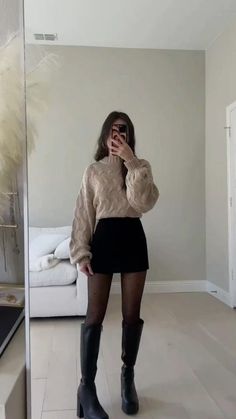 Cable Knit Sweater Black Skirt, Everyday Put Together Outfits, Fall Outfit Ideas Skirt, Classy Outfit Inspo Women, Haunted House Outfits Date, Thigh High Boots Outfit 2023, Freddymylove Outfits, Autumn Classy Outfit, Talk Boots Outfit