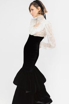 Description Black Mermaid, Long dress Loose, Long Sleeves Closed neckline Lace, Velvet Dry Clean Made in Spain SKU 22-20142 Mermaid Long Dress, Match Outfits, Black Velvet Skirt, Black Fr, Bridal Consultant, Black Mermaid, Lace Mermaid, Velvet Skirt, Mermaid Skirt