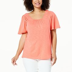 Colleen Lopez Flounce-Sleeve Knit Top    Add the perfect touch of style to your spring and summer looks with this fun, fashionable flounce-sleeve top. Casual Flutter Sleeve Top For Spring, Casual Ruffle Sleeve Tops For Spring, Spring Cotton Stretch Knit Top, Feminine Knit Top For Spring Day Out, Casual Ruffle Sleeve Knit Top, Feminine Knit Top For Day Out In Spring, Spring Flutter Sleeve Stretch Blouse, Spring Crew Neck Stretch Knit Top, Stretch Flutter Sleeve Tops For Day Out