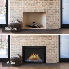 before and after pictures of a brick fireplace