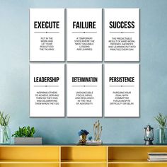 four different types of success posters on the wall