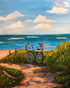 a painting of a bike parked on the beach